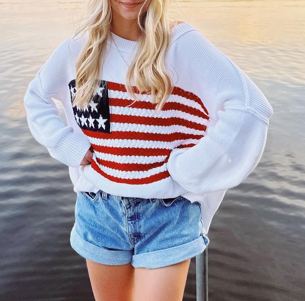Women's American Flag Graphic Sweater Vintage Loose Hollow Out 4th of July Jumper Summer USA Flag Pullover Top2