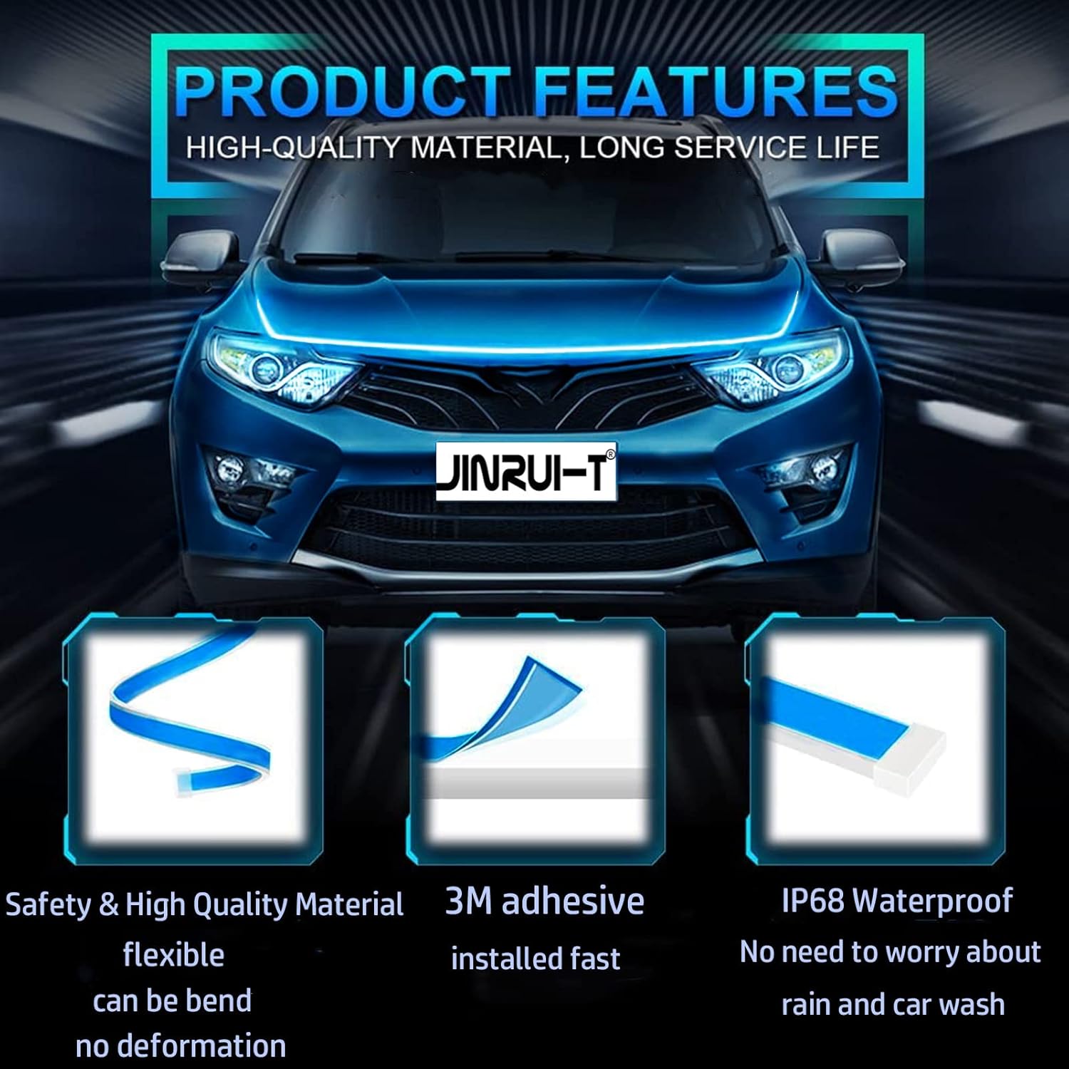 JinRui-T Car Hood led Light Strip Hoodbeam Kit 71 Inches White Exterior Led Strip Lights for Cars Daytime Running Lights Waterproof Car Engine Cover Decoration for Cars, SUVs, Trucks (White, 71in) : Automotive