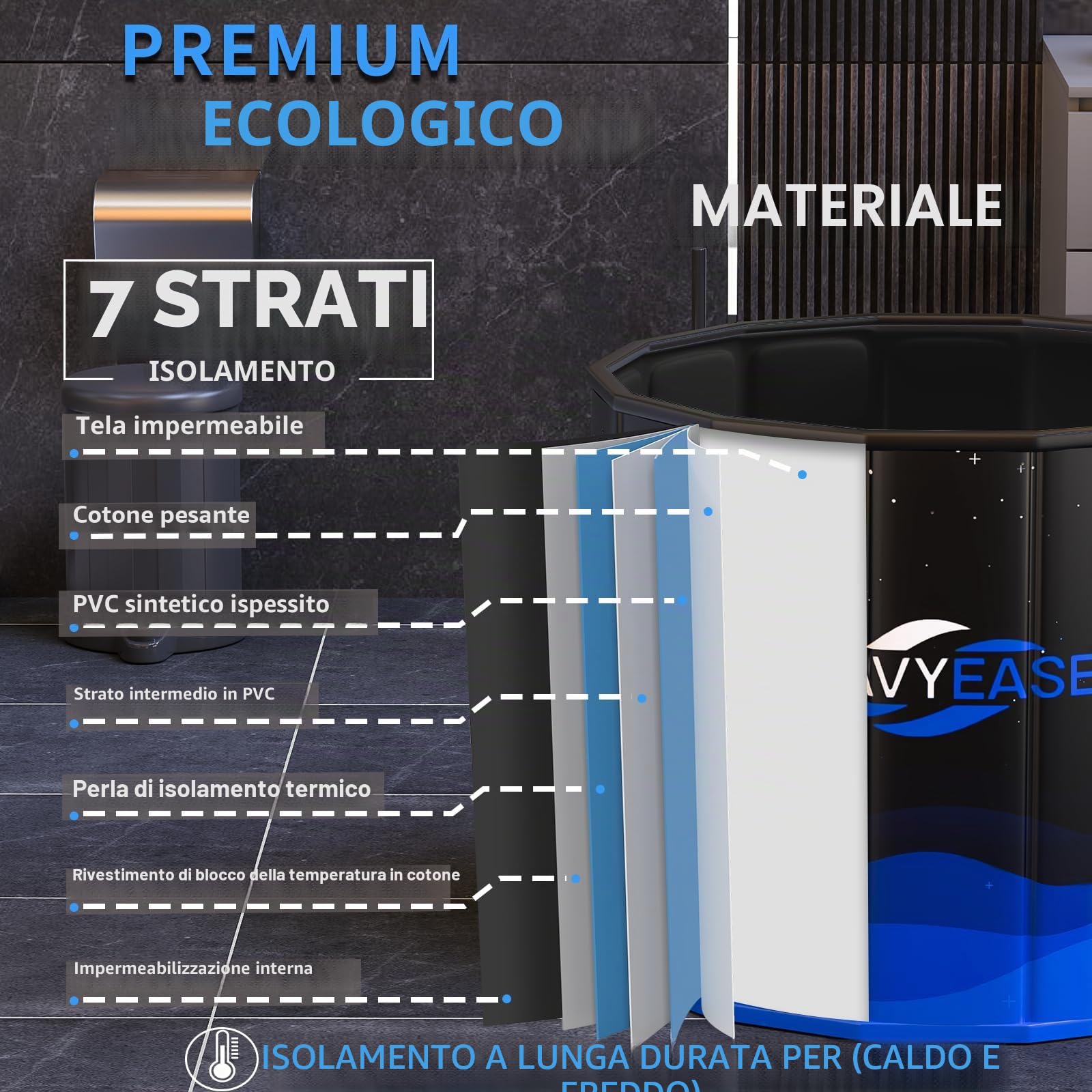 WAVYEASE Vasca Portatile e Pieghevole | Doppio Uso: Crioterapia & Idromassaggio | Bagno Ghiaccio e Immersione Fredda | 80x66 cm | per Interni ed Esterni (Nero)
