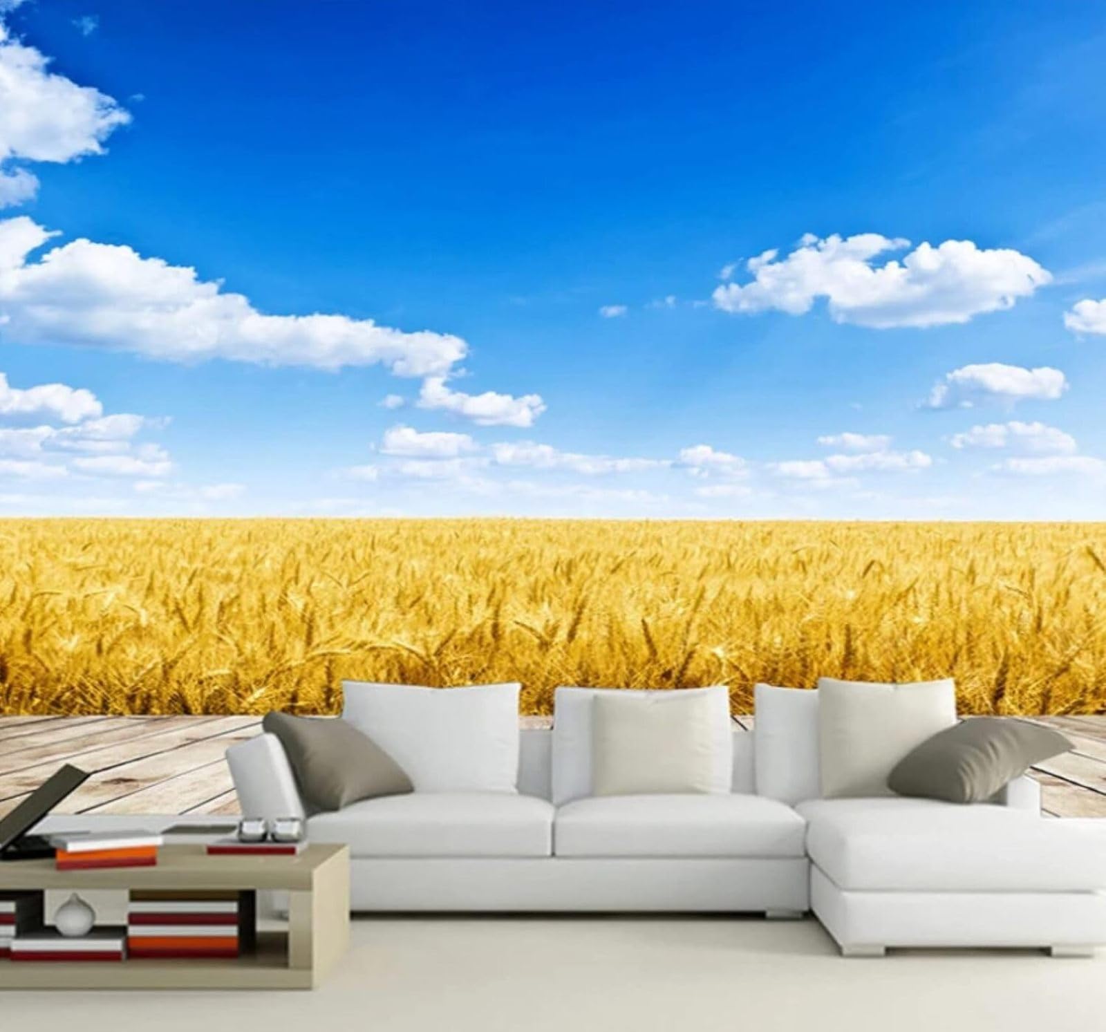 XLMING Minimalist Wheat Field Blue Sky White Clouds Landscape 3D Wallpaper Luxury Silk Study Dining Feature Sofa Grey Bedroom Living Room Tv Decorative Wall-300cm×210cm