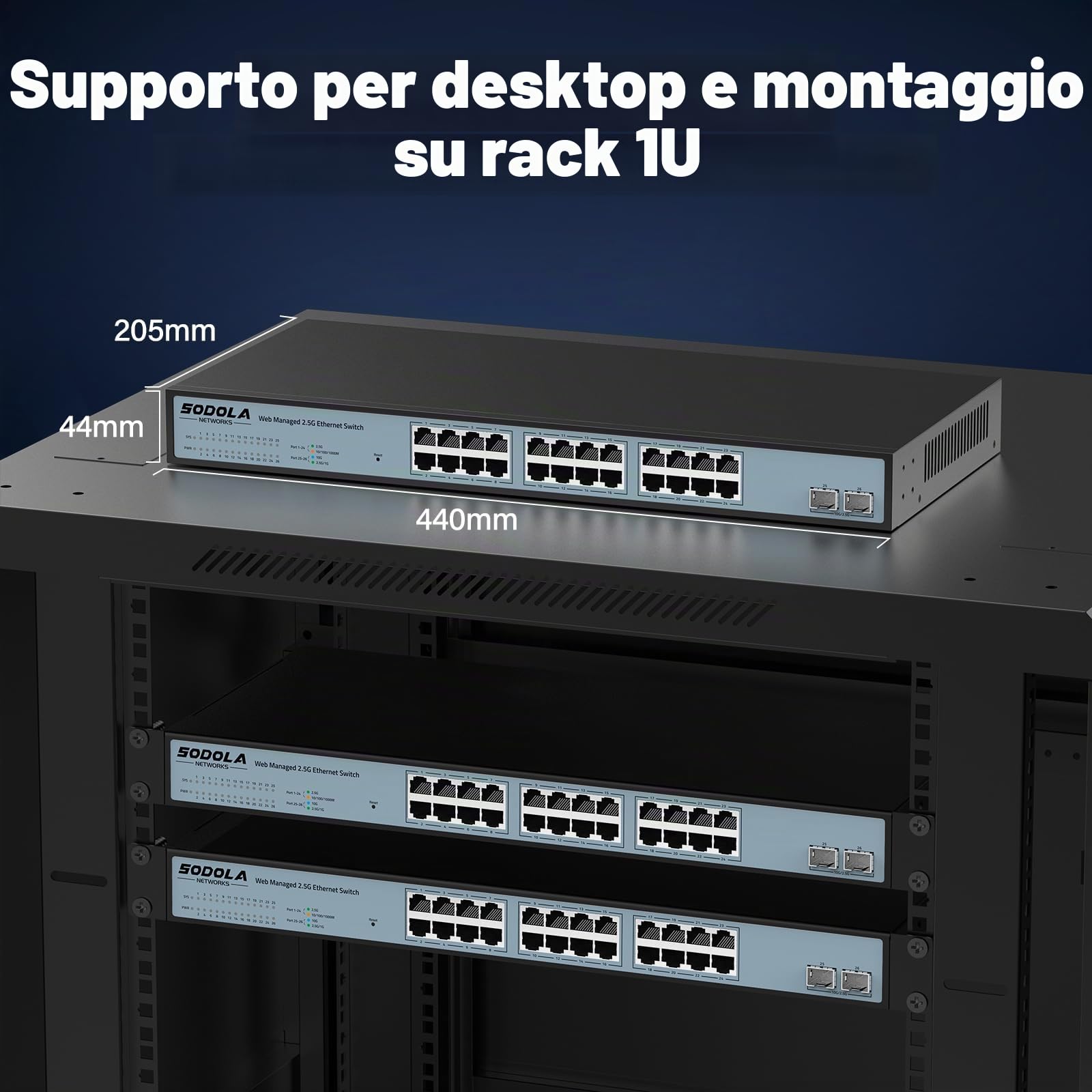 SODOLA Switch gestito da 24 porte, 2,5 Gbit, 24 porte Base-T da 2,5 G, 2 x 10 G SFP+, Link Aggregation/QoS/VLAN/IGMP,Switch di rete 2,5 G montato 1U