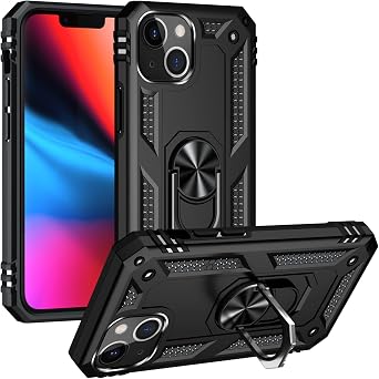 iPhone 13 Case, Soft TPU and Hard PC Shockprooof Heavy Duty Armor Military Grade Protective Cover, with 360 Metal Rotating Ring Kickstand Phone Case, Case for iPhone 13 5.4 inch Black