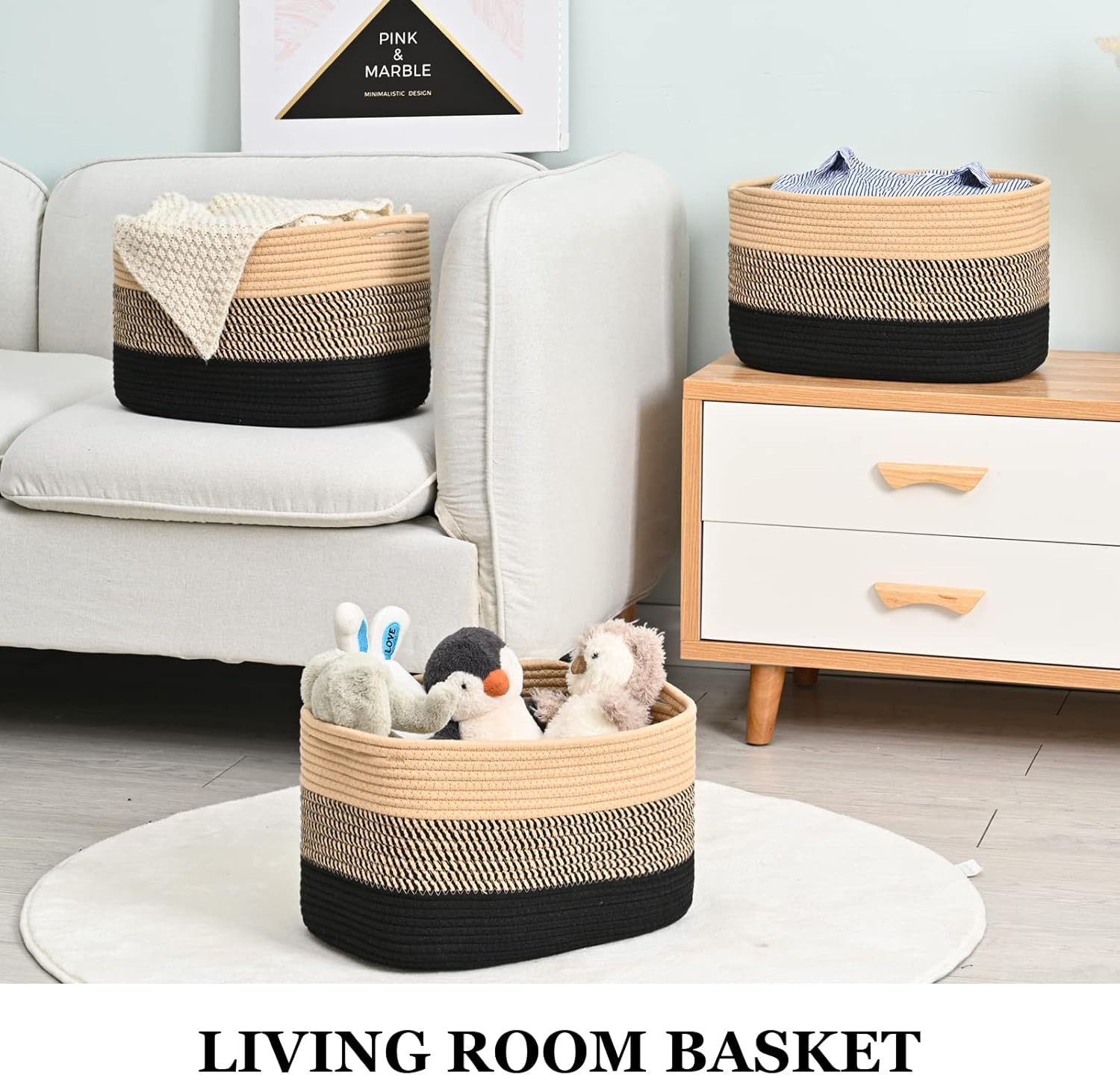 Cotton Rope Storage Baskets for Organizing 3Pack 15"x10"x9" Woven Baskets for Storage,Shelf Baskets Cube Storage Bins Towel Baskets,Toys Baskets Nursery Basket Laundry Baskets(Black/Brown)