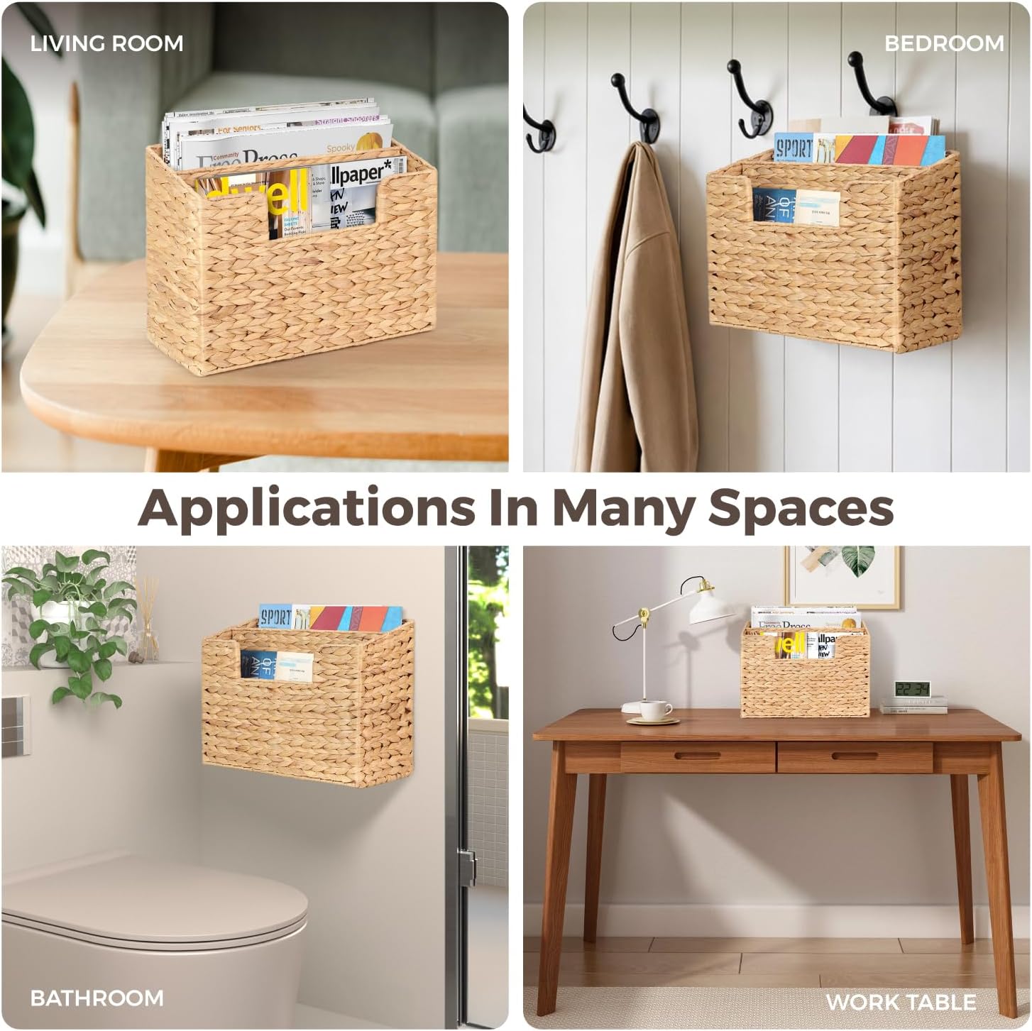 Handwoven Divided Water Hyacinth Wall Magazine Holder - Natural Hanging Organizer for Mail, Newspapers & Magazines, Books & Files - Divided Magazine Basket for Entryway, Living Room, Office