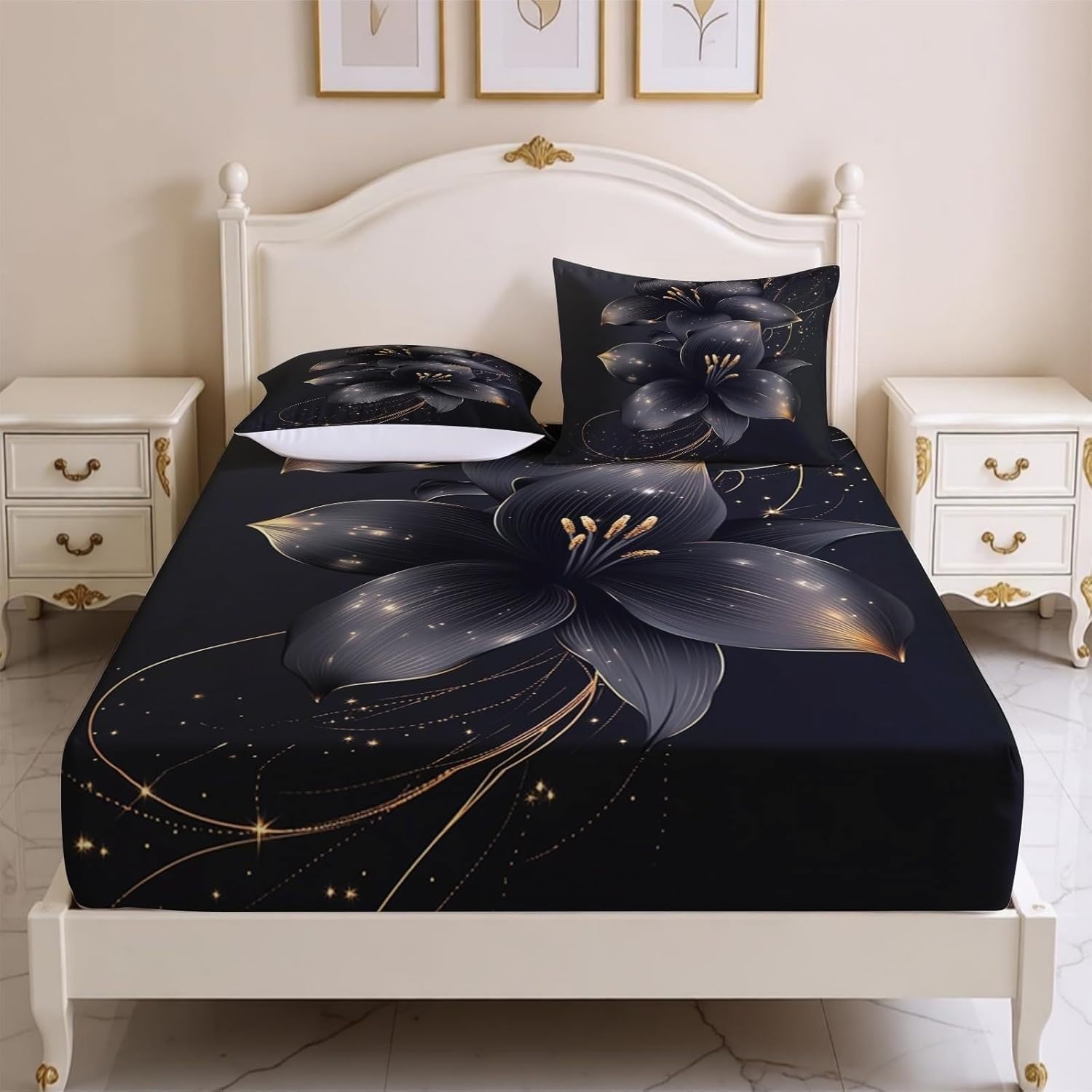 Sabana Bajera 135x190 Negro Y Dorado Sabanas Bajeras Estampadas Flores Grandes Sábana Bajera Ajustable Suaves, Elastico Funda Colchon con 2 Funda Almohada 50x80 cm, para Colchón de 30cm de Altura