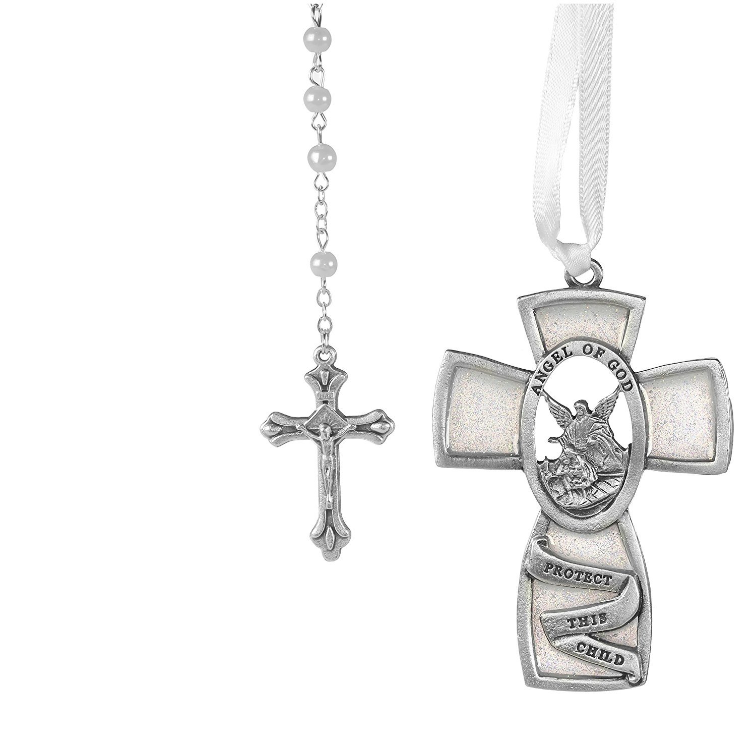 WHITE GUARDIAN ANGEL CRIB MEDAL & ROSARY SET BABY INFANT GIRLS BOYS CHILDRENS CHRISTENING BAPTISM