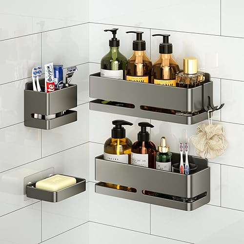 Miniatura 11 de Organizador de ducha de baño (juego de 5 piezas), estante montado en la pared con jabonera y soporte para cepillo de dientes, no requiere