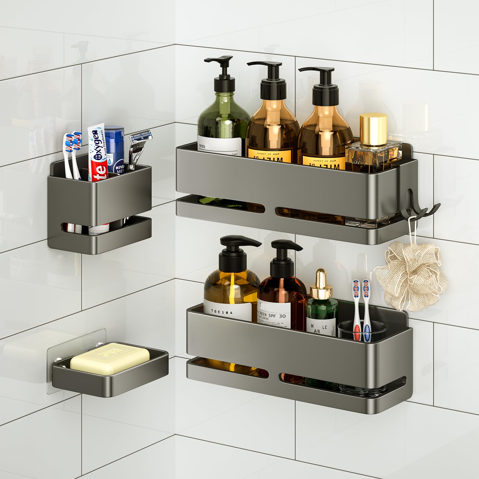 YESENT Bathroom Storage Rack (5-piece set), wall-mounted shelf with soap dish and toothbrush holder, no drilling required, ideal for bathroom storage and also suitable for kitchen (Grey)