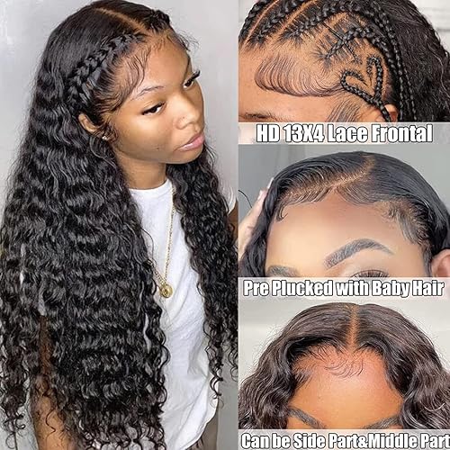 Miniatura 4 de Pelucas de encaje frontal de cabello humano ondulado profundo 13x4 peluca frontal de encaje prearrancada con abuelitos, pelucas de cabello humano