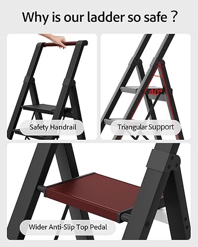 Miniatura 6 de Escalera de 5 escalones, taburete plegable ligero con cómodo agarre, escalera de aluminio de capacidad de 330 libras para oficina, hogar, cocina