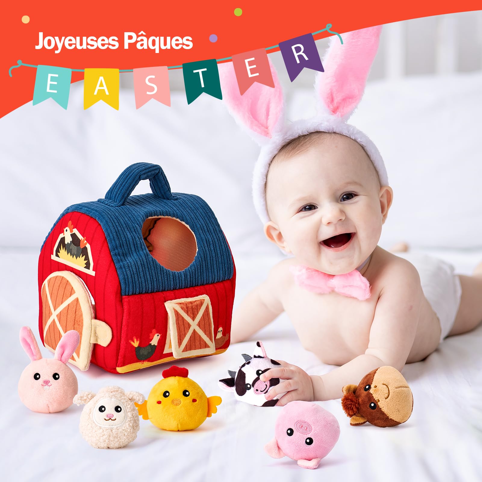 Hahaland Jouet Bébé Animaux de la Ferme en Peluche, Jeux Montessori avec Grange, Hochets, Miroirs Jouet Sensoriel Bébé 0-6 Mois, Cadeau Bébé Enfant 3-6-9 Mois Garçon Fille