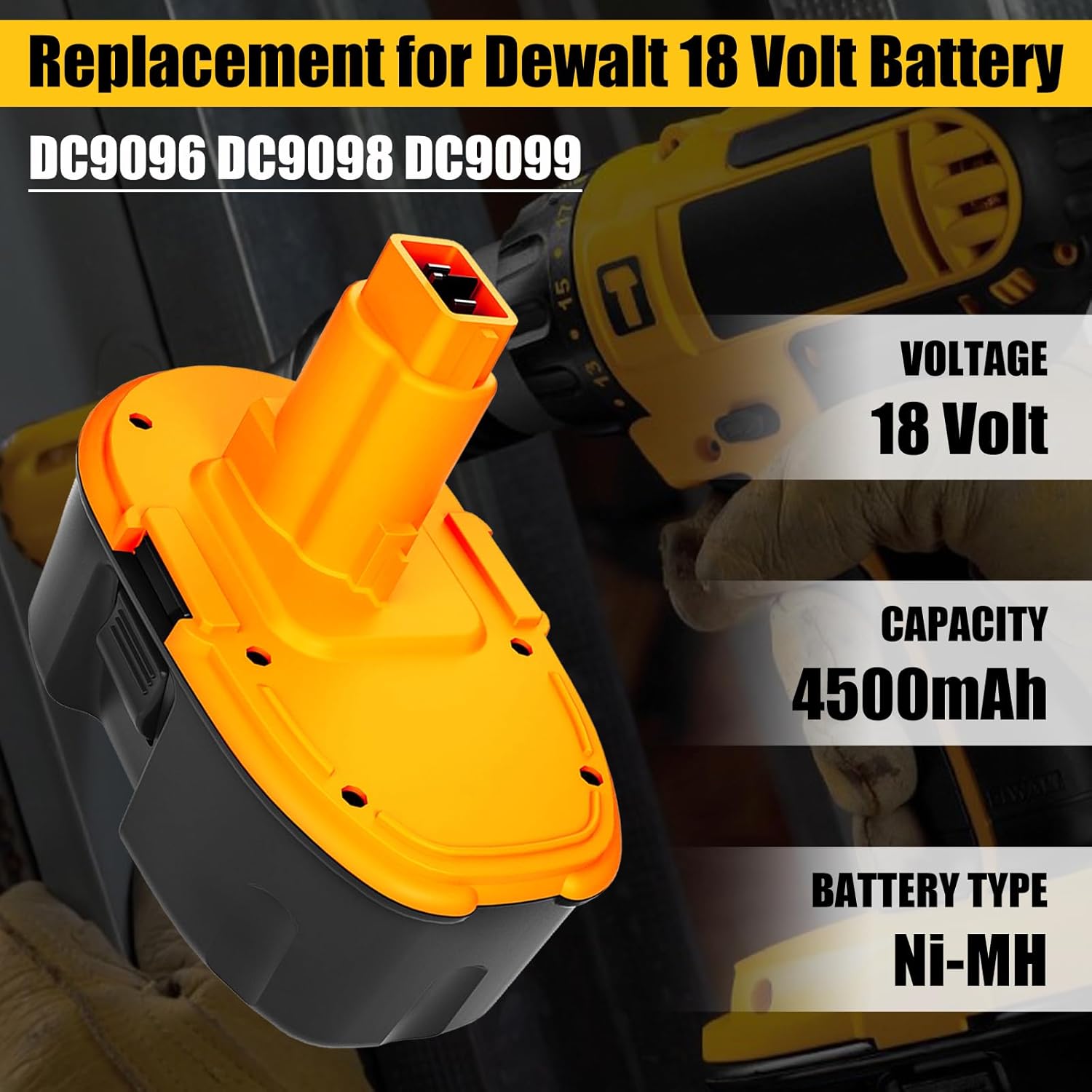 2-Pack 4.5Ah Ni-Mh DC9098 Battery Replacement for Dewalt 18V Battery Compatible with Dewalt 18 Volt Batteries DC9096 DC9099 DW9096 DW9098 DW9099(Yellow)