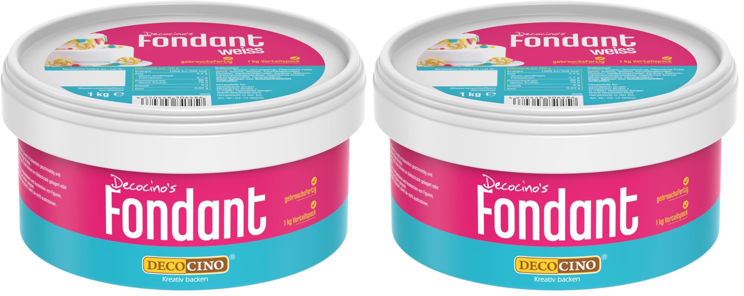 DECOCINO Fondant weiß – 1 Kilo Vorteilspack – ideal zum Verzieren von Kuchen, Torten, Cakepops – palmölfrei & vegan (Packung mit 2)