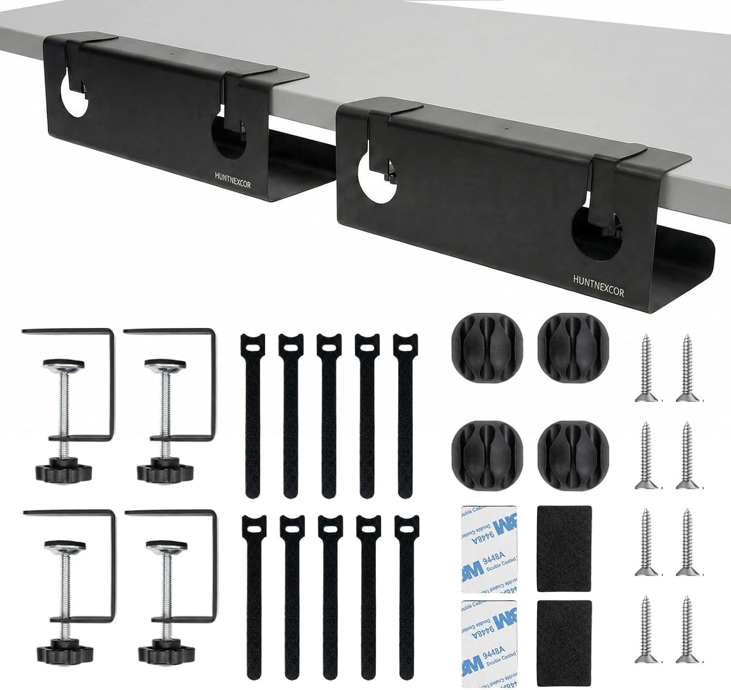 No Drill Under Desk Cable Management Tray with Clamp, Home/Office Desk Cord Organizer and Accessories Storage Shelf, 17'' Metal Cable Organizer for Standing/Gaming Desk, Office Supplies, Black 2 Set