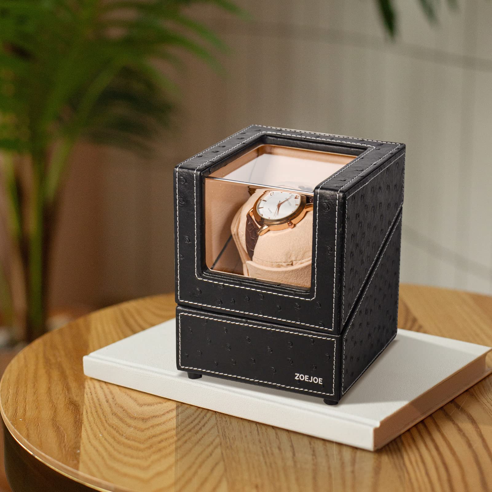 ZOEJOE Watch Winders for Automatic Watches,Single Watch Winder with 4 Modes,AC adapter,Ostrich Black