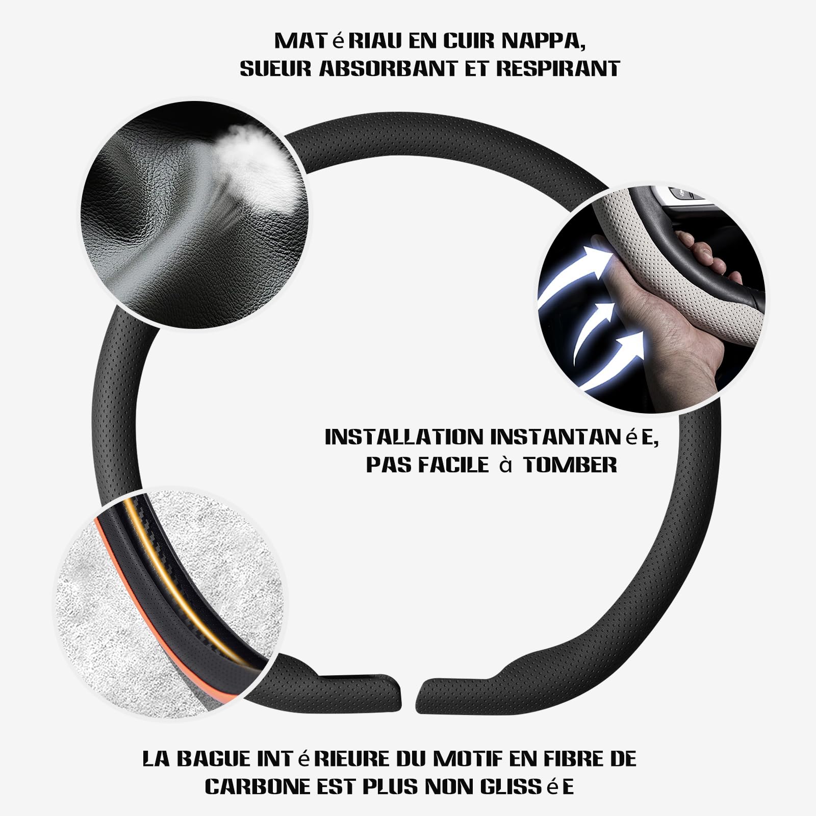 Ergocar Housse De Volant Cuir Nappa 15 Pouces (38 Cm) Utilisable Toutes Saisons Respirant Et Souple Forme en D Convient Aux Hommes Femmes