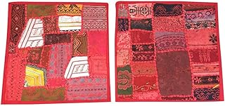 Mogul Interior 2 Pink Cushion Cover Patchwork Embroidered Cotton Square Pillow