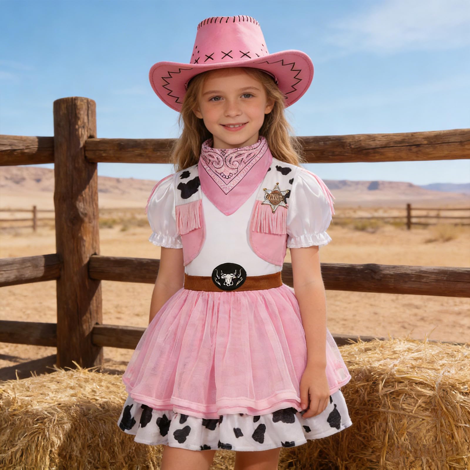 Generisch Robe de cowboy pour fille - Rose - Robe d'été occidentale - Jupe en tulle streetwear - Mini robe de cosplay - Robe de festival - Avec chapeau de cowboy - 2 pièces - Tenue de carnaval
