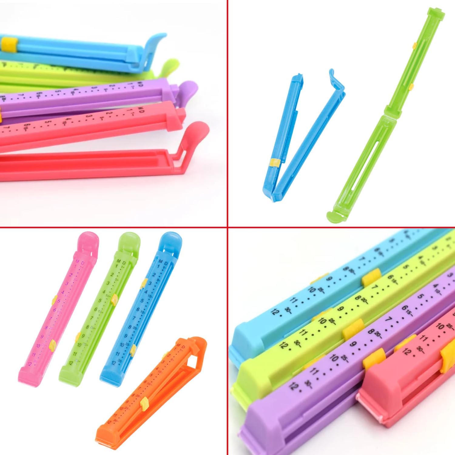 Set of 4 Large 15.5cm Tongs Close Bags with Date Indicator, Plastic Locking Clip for Food, Snack and Kitchen, Reusable and Durable