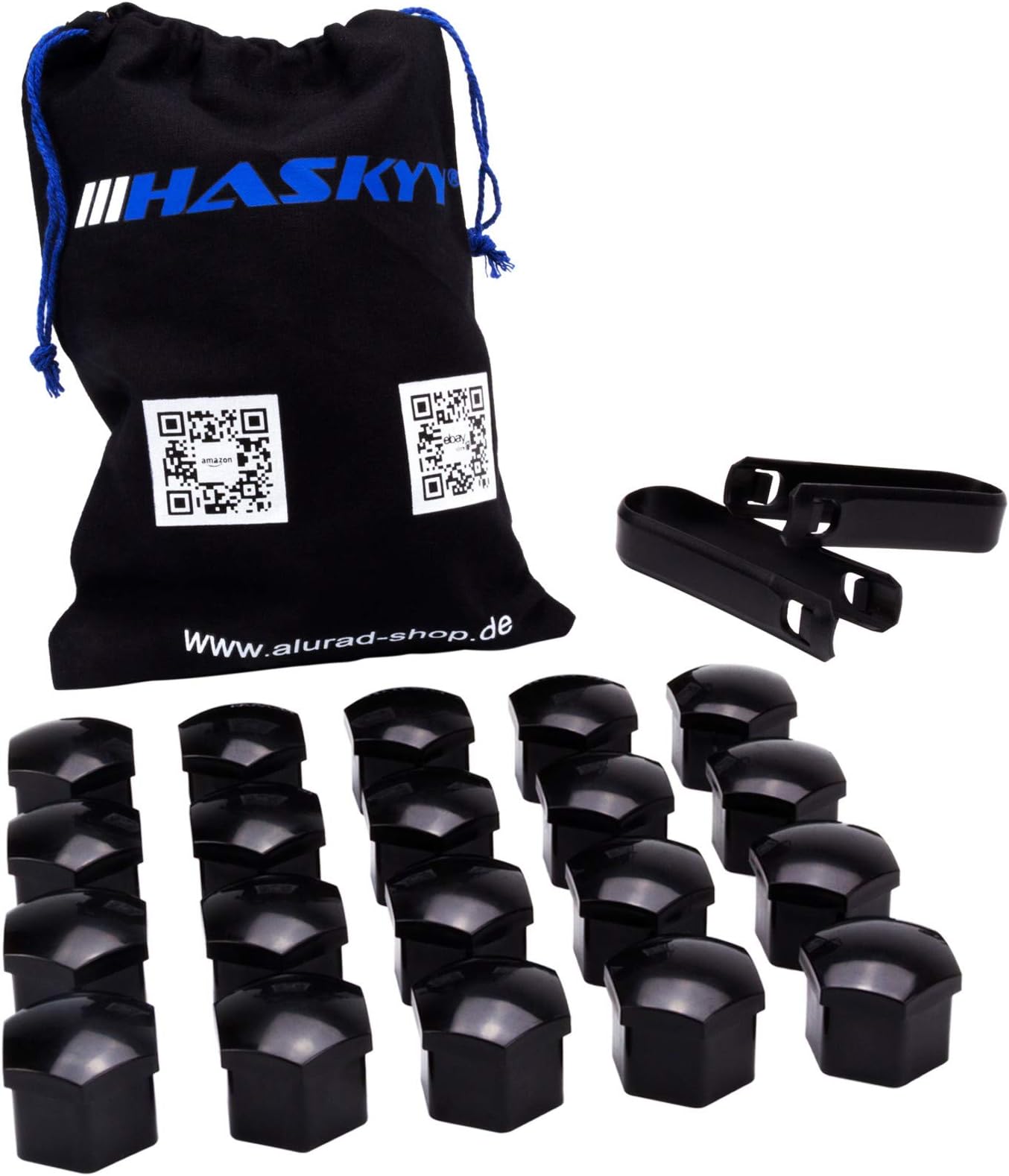 Haskyy 20 x SW17 Universal Plastic Wheel Bolt Caps, Made in Germany, Protects from Salt & Corrosion, Fits 17mm Spanner Width, Includes 2 Removal Hooks & Wheel Bolt Bags