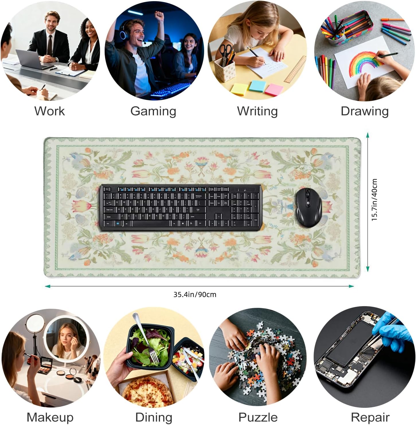 Sage Green Floral XXL Desk Mat - Cute Large Mouse Pad with Stitched Edges & Anti-Slip Base for Computer, Keyboard, Laptop | Aesthetic Office Supplies & Desk Decor for Women, Home, Office