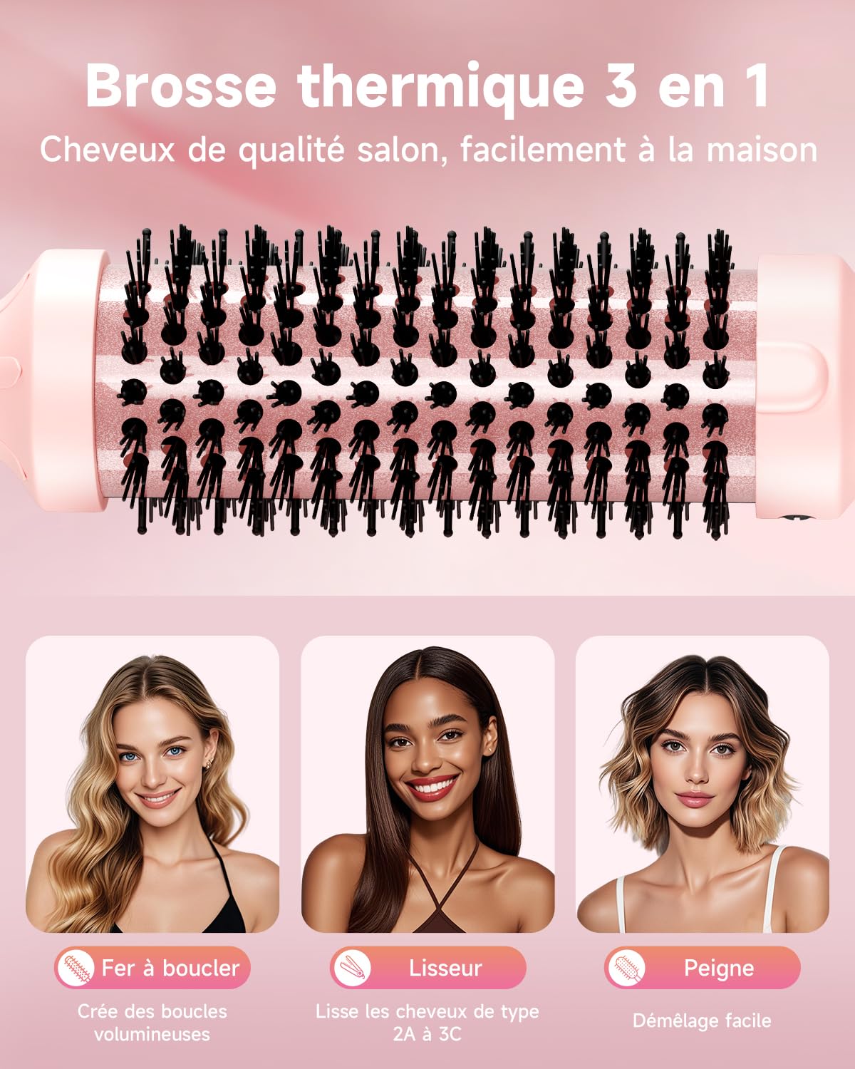 Brosse thermique FLYZEMAA, Thermal Brush 38mm pour des Boucles Naturelles, Brosse Chauffante pour 3 Niveaux de Température, Écran LCD, Double Tension, Prise UE, Rose
