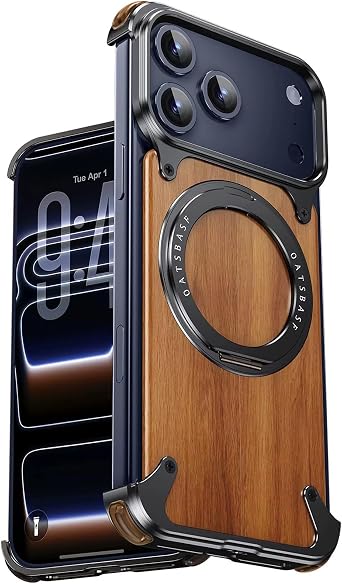 Wooden Metal Frameless Case for iPhone 17 Pro, with 360 Ring Stand, Compatible with MagSafe, Ultra Thin Shockproof Protective Cover, Black