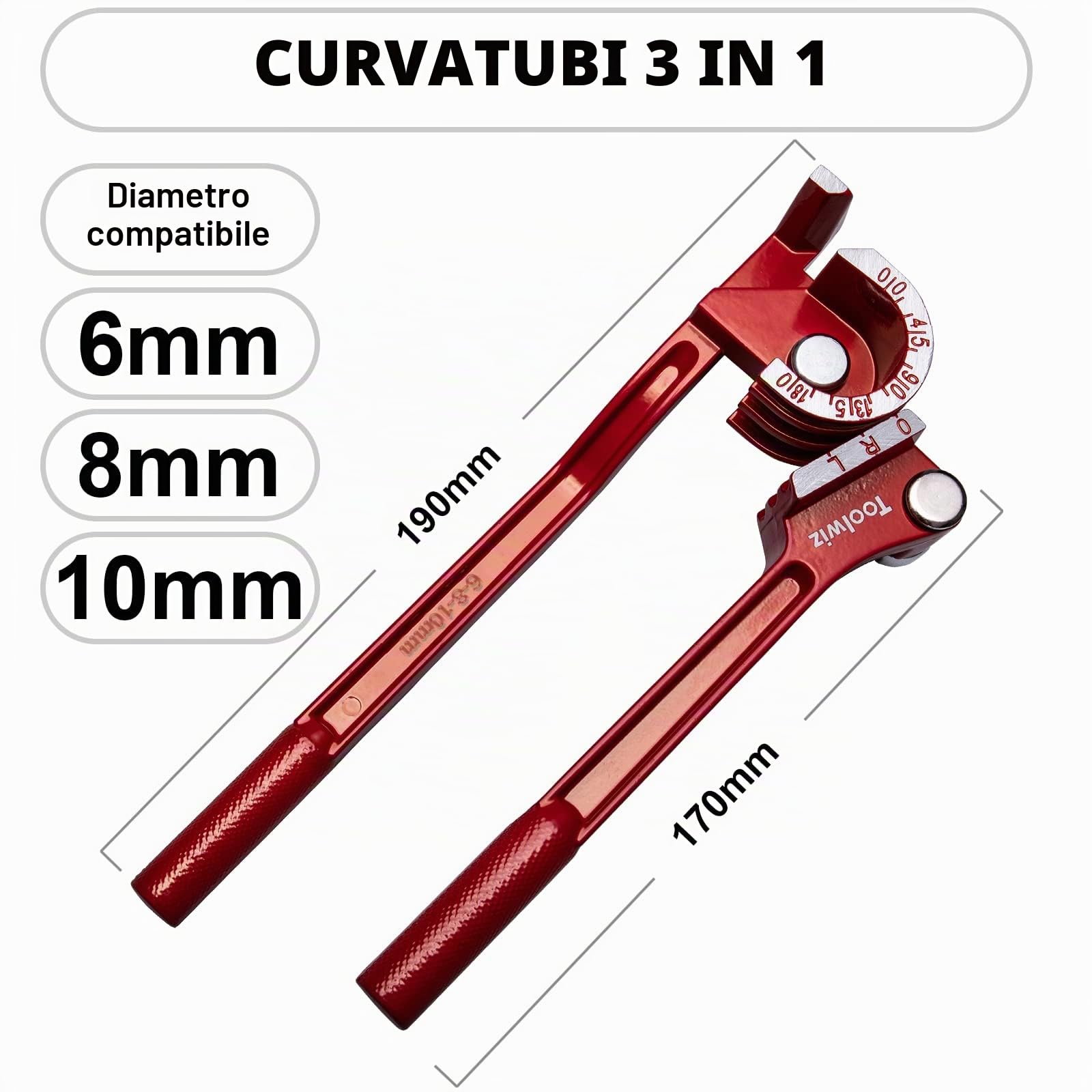 Toolwiz Piegatubi Rame Manuale 3-in-1 Piega Tubi 180 Gradi Curvatubi manuale Per Piegare Il Tubo Da Rame, Alluminio, Ottone 6mm 8mm 10mm, Rosso