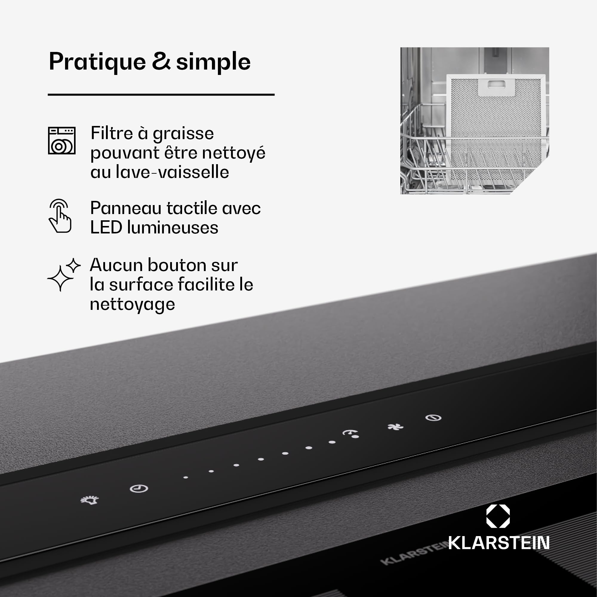 Klarstein Hotte Aspirante 75 cm, Hottes de Cuisine 2 en 1 à Aspiration Descendante, Débit d'Air de 576 m³/h, Modes de Ventilation, Eclairage LED, Tactile, Hotte Aspirante de Cuisine Silencieuse