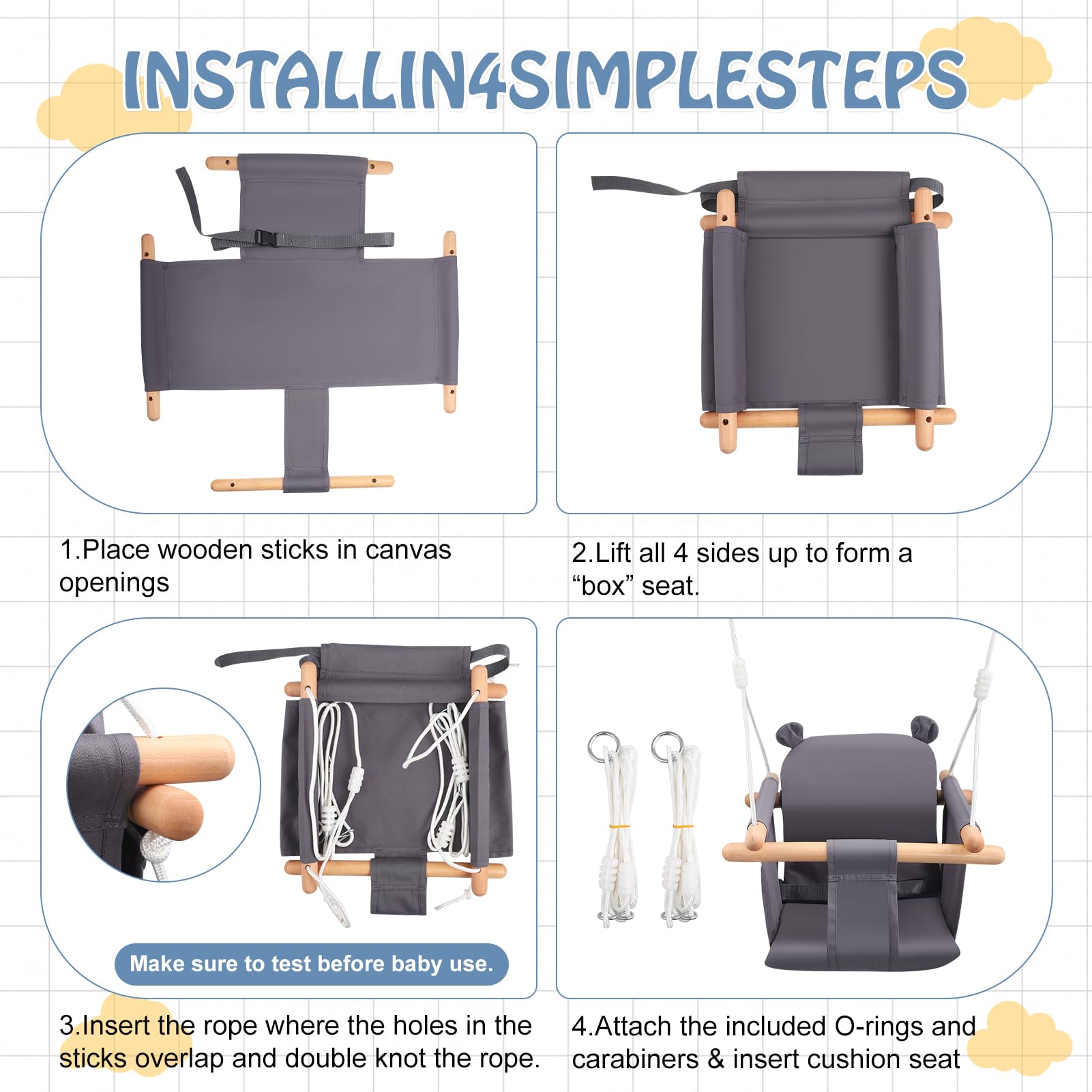 Columpio para bebé, columpio para niños, juego de asiento de madera para interior de madera, con cojín gris de algodón y cinturón de seguridad, capacidad de carga de 25 kg, para bebés y niños de 6
