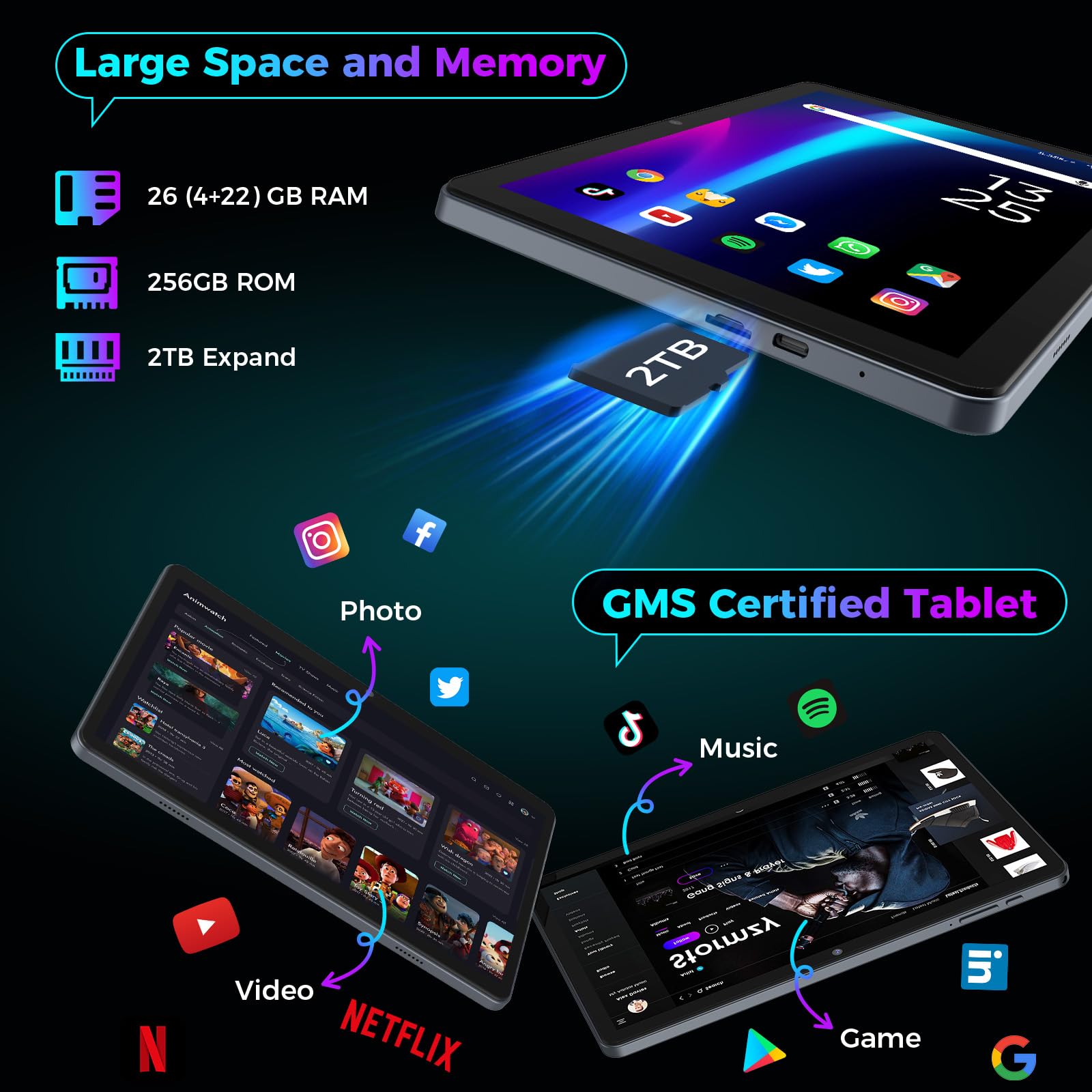 Android 15 Tablet with Keyboard, 26GB RAM, 256GB ROM (2TB