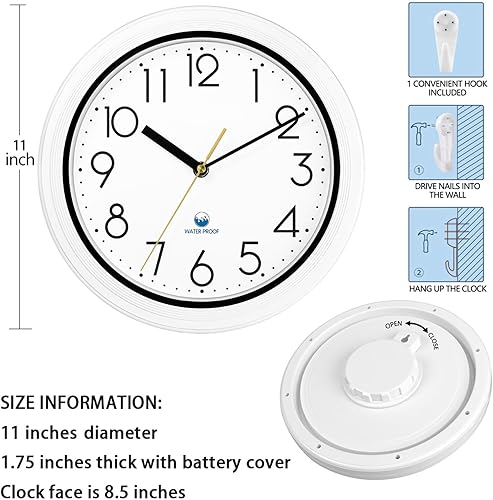 Miniatura 6 de Caysie Reloj de pared impermeable de 11 pulgadas, sellado para interiores y exteriores, a prueba de polvo, silencioso, sin tictac, funciona con