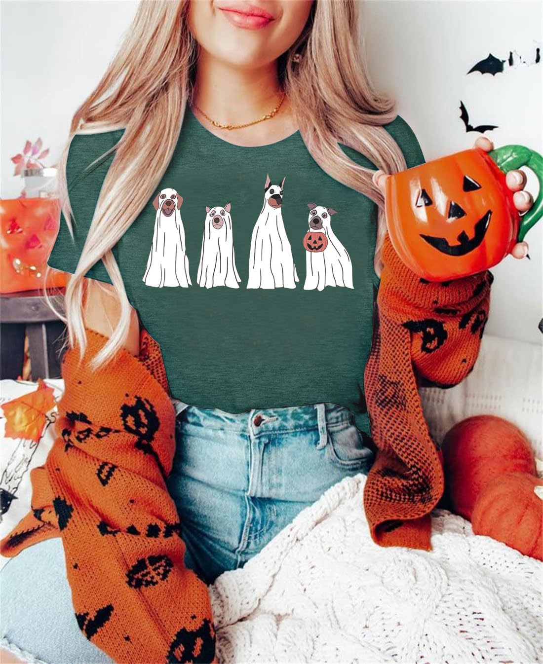 Halloween Ghost Dog T Shirt Women Halloween Thanksgiving Pumpkin Shirts Dog Lover Fall Tops