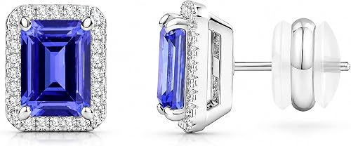 CoBi Birthstone Blue Stud Earrings for Women, Rhodium Plated Square Stud Earring