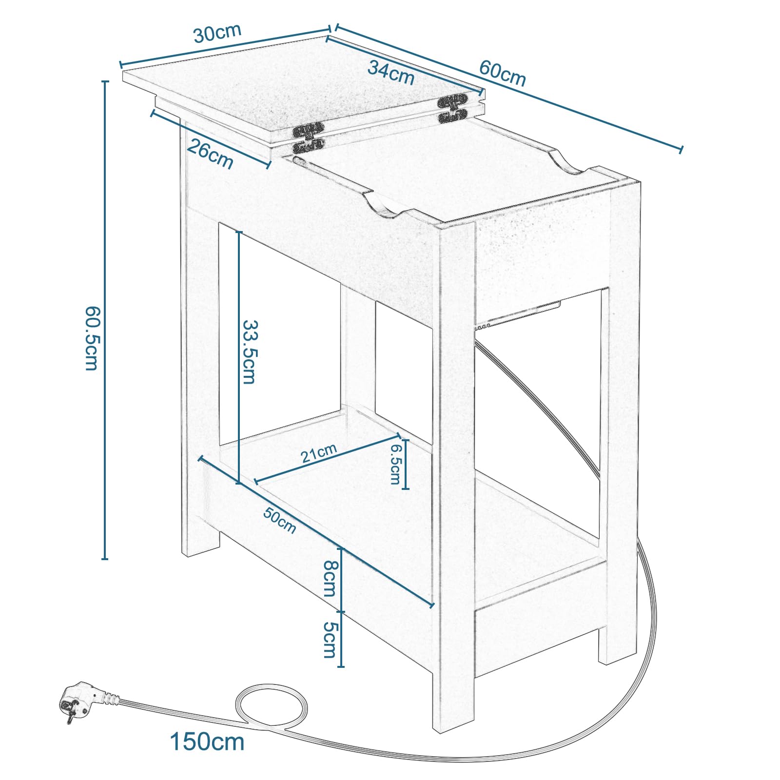 EUGAD Mesita Auxiliar, Mesa de Sofa con Tablero Plegable, Compartimento Oculto y Estante de Almacenaje, Mesita Estrecha con Enchufe y Puertos USB, Ideal para Salón y Dormitorio, Blanco