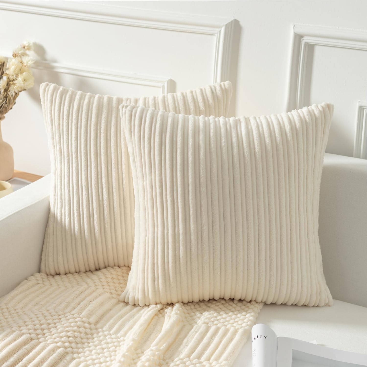 Kevin Textile Corduroy Cushion Covers 50 x 50 cm Set of 2, Soft Stripe Decorative Cushions Covers 20x20 Inch with Invisible Zipper for Chair Couch Sofa Bedroom, Cream White