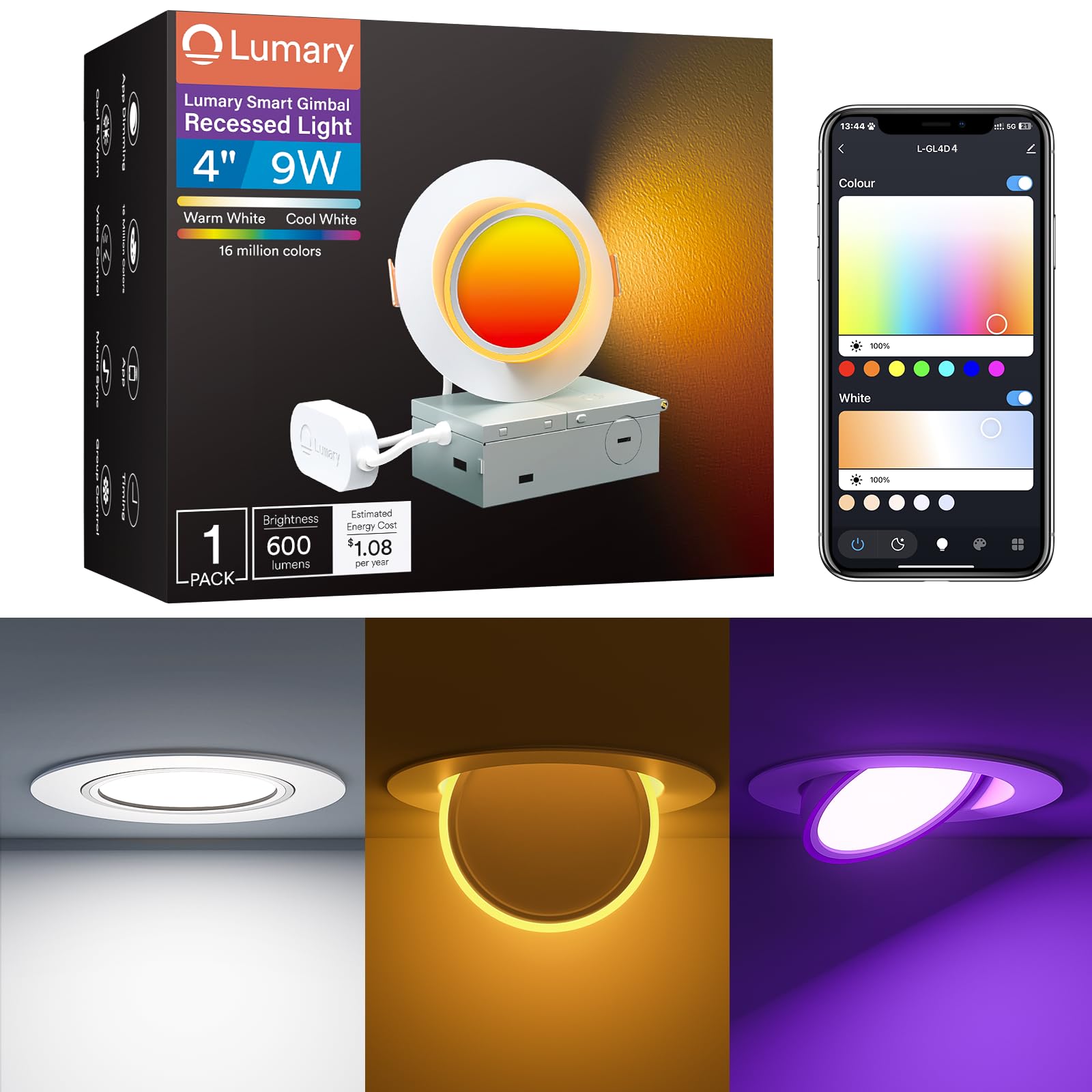 Amazon.com: Lumary Iluminación empotrable de cardán inteligente de 4  pulgadas con luz nocturna de 2200 K, luces empotrables LED giratorias de  270° + 90°, 9W 600LM en ángulo ajustable, funciona con Alexa