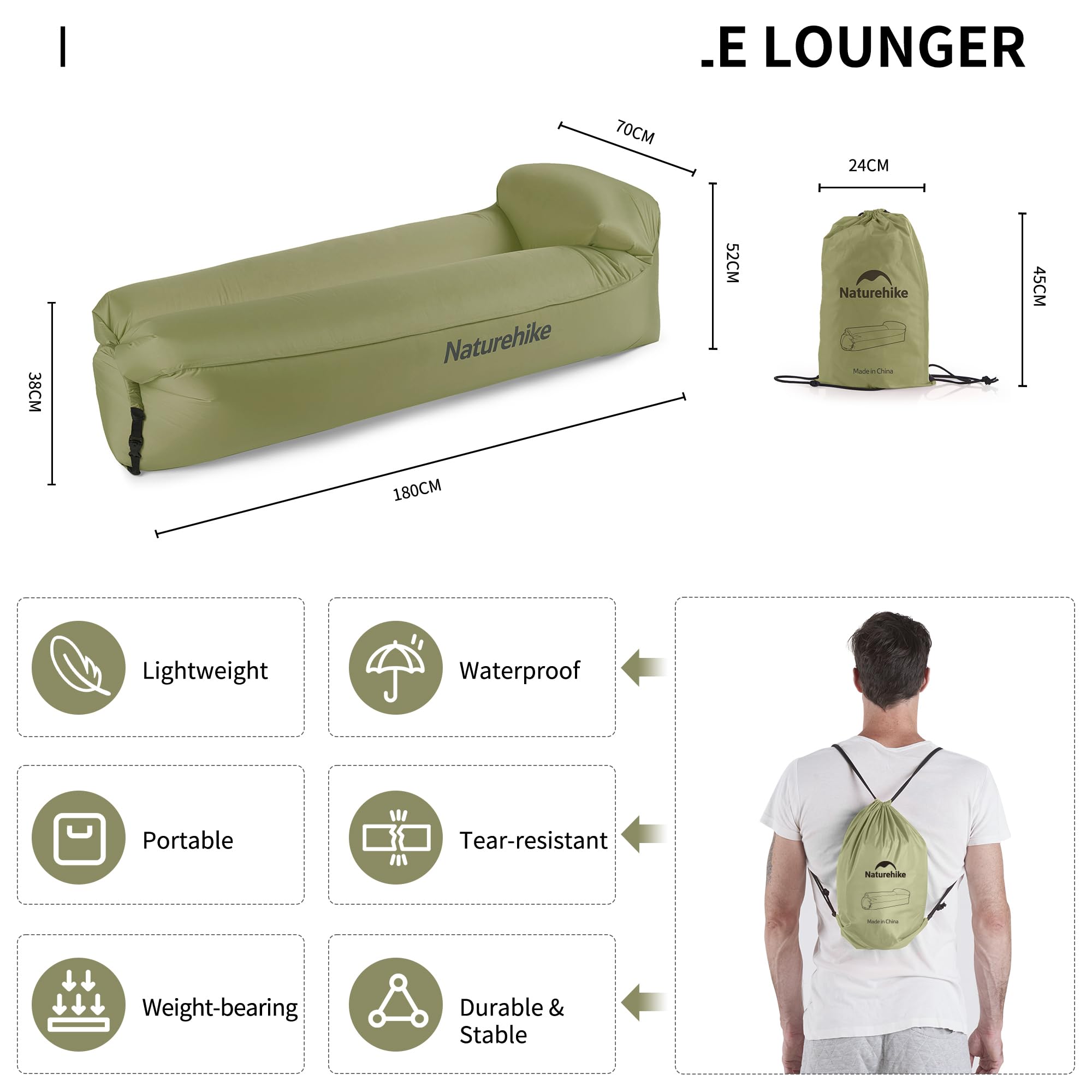 Naturehike Air Lounger - Divano ad aria impermeabile con pacchetto portatile, per viaggi, campeggio, piscina e feste in spiaggia (verde avocado)