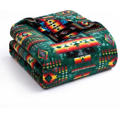 Sacred Thread Aztec Blanket Fleece, Reversible Native American Blanket, Western Throw, Native American Western (Lake Flannel), Queen (79”x95”)