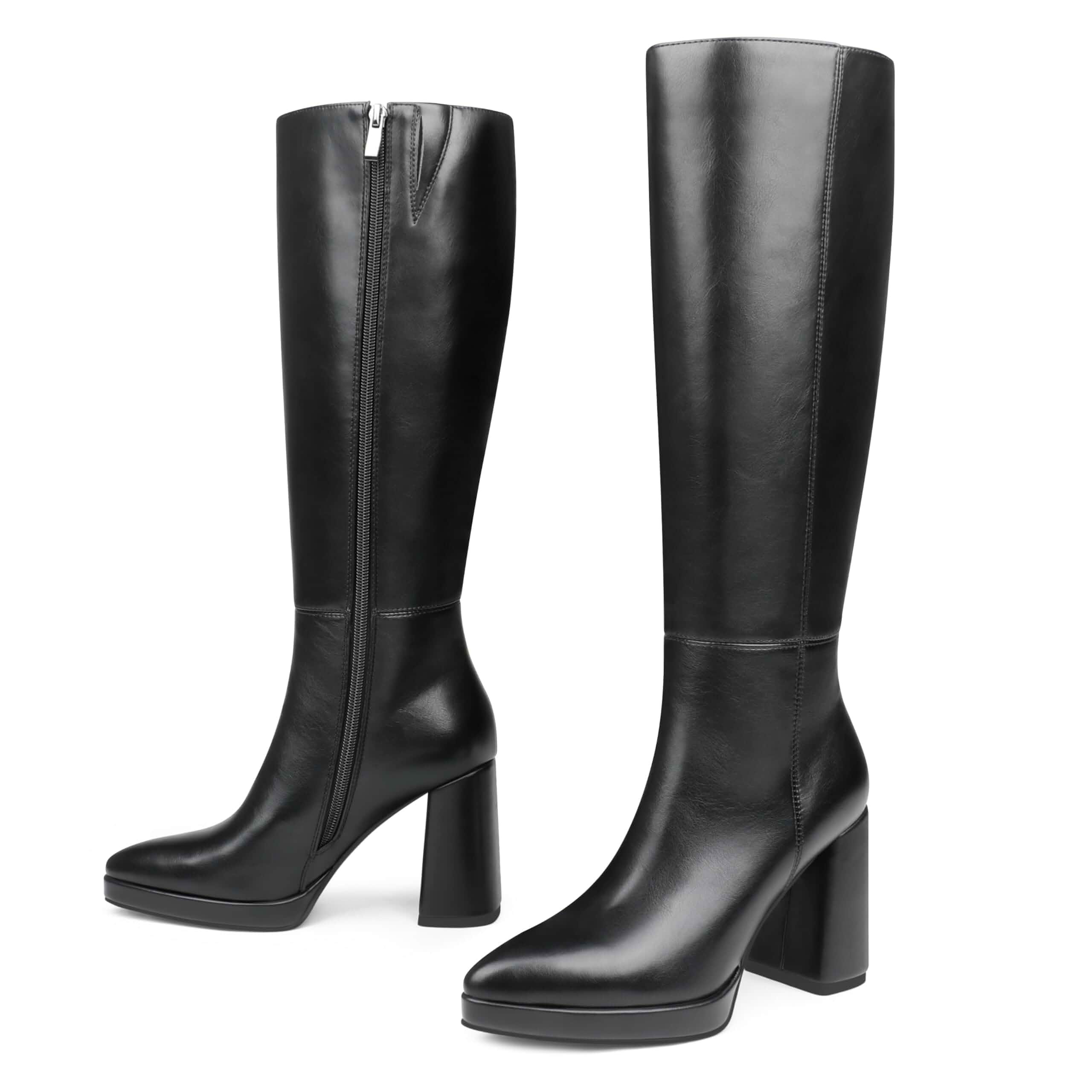 COLETER Women's Knee High Boots Pointed Toe Chunky Block Heel Gogo Boots Smooth Faux Leather, Side Zipper, Fashion Dress Boots, Fall Winter Tall Boots