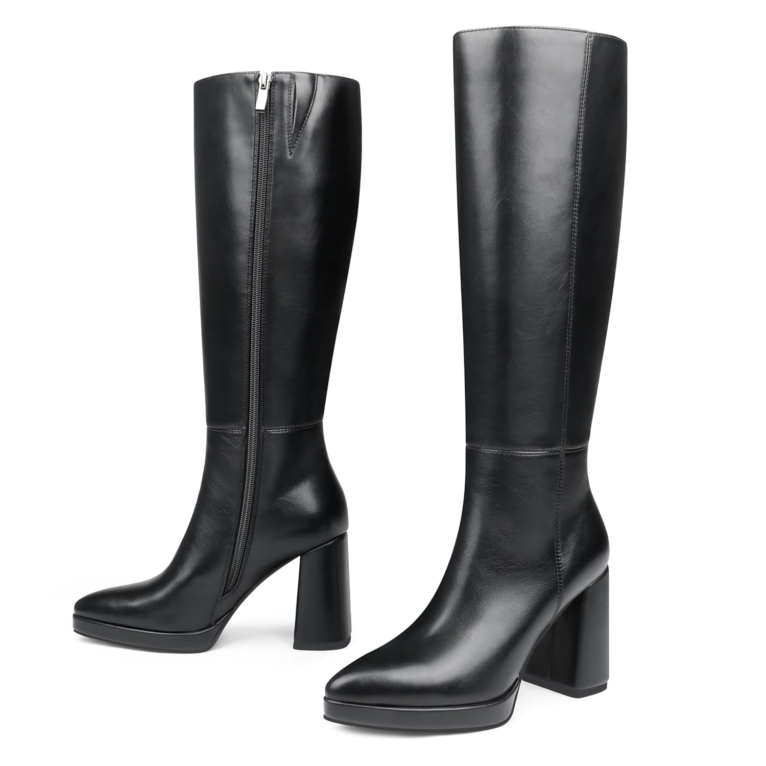 COLETER Womens Knee High Boots Chunky Heel Pointed Toe Side Zipper Long Boots Fall Winter Fashion Dress Boots