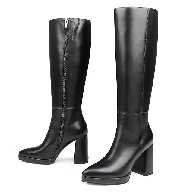 COLETER Womens Knee High Boots Chunky Heel Pointed Toe Side Zipper Long Boots Fall Winter Fashion Dress Boots