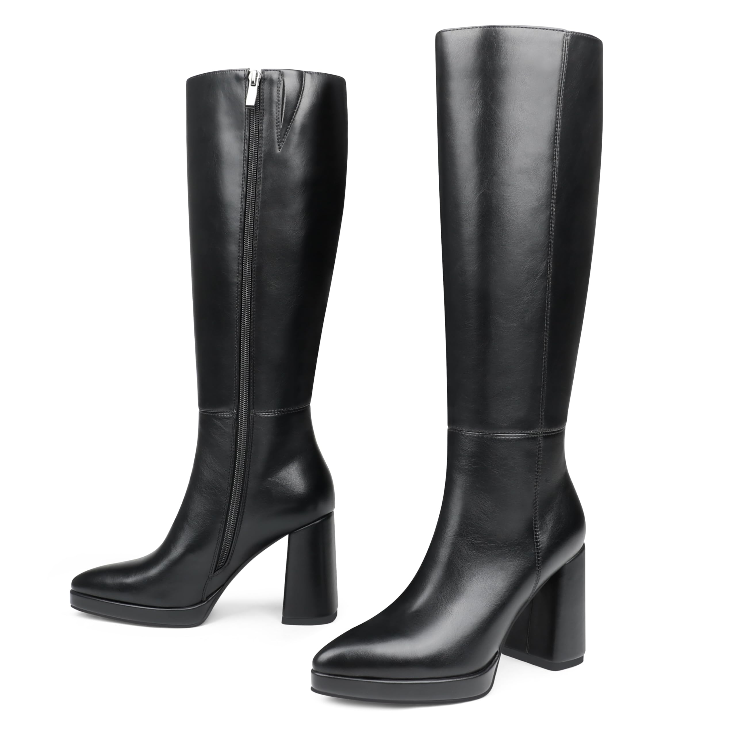 COLETER Womens Knee High Boots Chunky Heel Pointed Toe Side Zipper Long Boots Fall Winter Fashion Dress Boots
