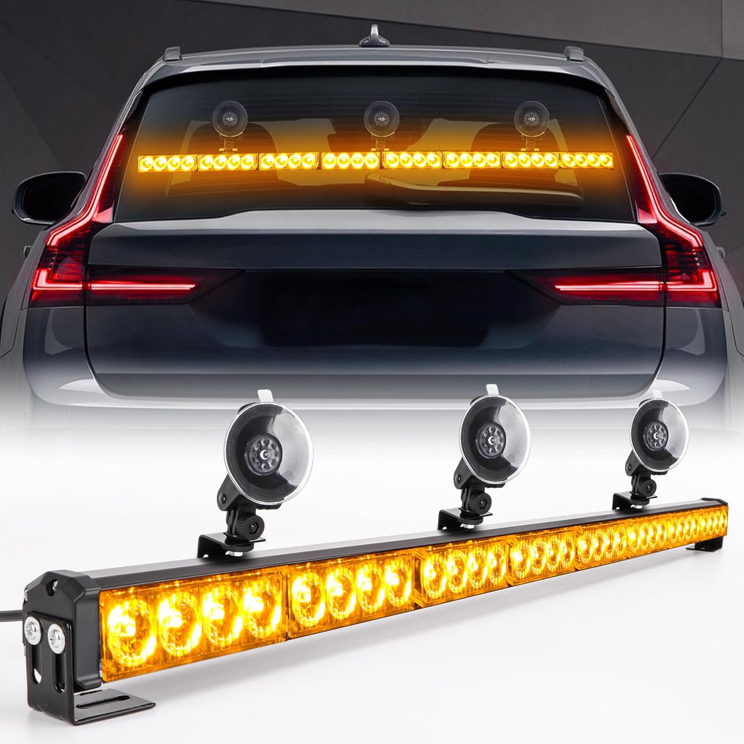 35.5 Inch Hazard Warning Emergency Traffic Advisor Strobe Light Bar 32 LED High Intensity Directional Flashing Safety Lightbar 13 Flashing Modes Cigarette Lighter Suction Cups (Amber Yellow)