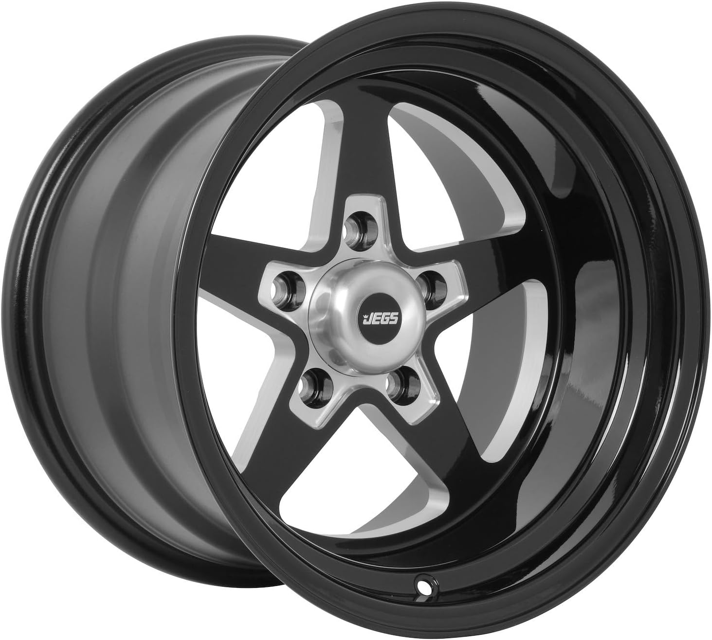 JEGS SSR Star Aluminum Wheel 15in.x 10in.| 5 x 4.75in.Wheel Bolt Pattern Spacing | -25 mm Offset | 4.5in.Backspacing | Gloss Black Powder Coat | 3.27in.Center Bore | Includes Center Cap