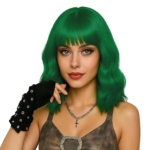 LABEAUTÉ Peluca verde corta ondulada con flequillo de aire para mujer, peluca del día de San Patricio, resistente al calor, longitud del hombro,