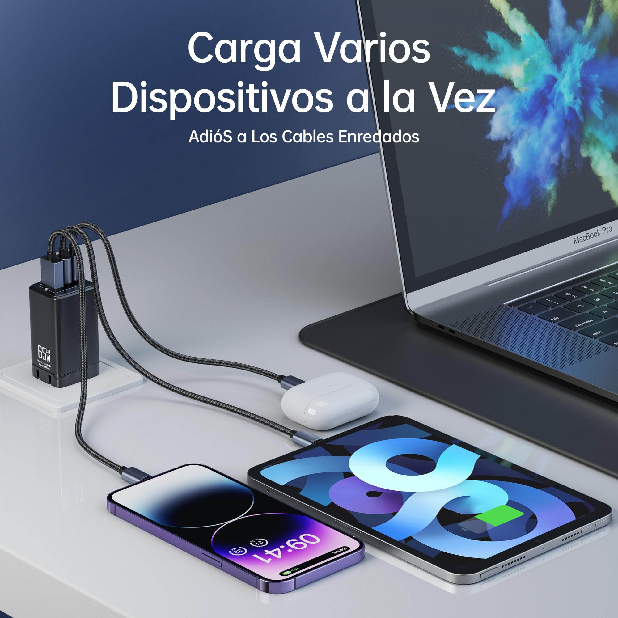NOHON Cargador USB-C Carga Rapida: 65W GAN 3-Puertos PD3.0 Cargador | Enchufe USB C con 140W Tipo C Cable 1.2M | Compatible con MacBook Pro Air Airpods iPad iPhone 14 13 12 11 Samsung Galaxy S