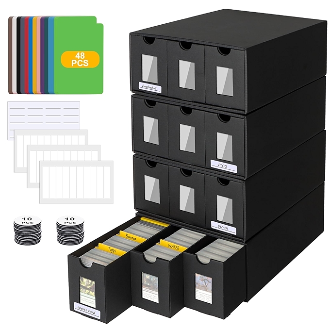 AOPULE 卡片收纳盒，12000+张卡片存储，适用于指挥官展示和交易卡整理，带48个隔板和标签，透明卡组盒，适合TCG、MTG、游戏王、PTCG及体育卡片