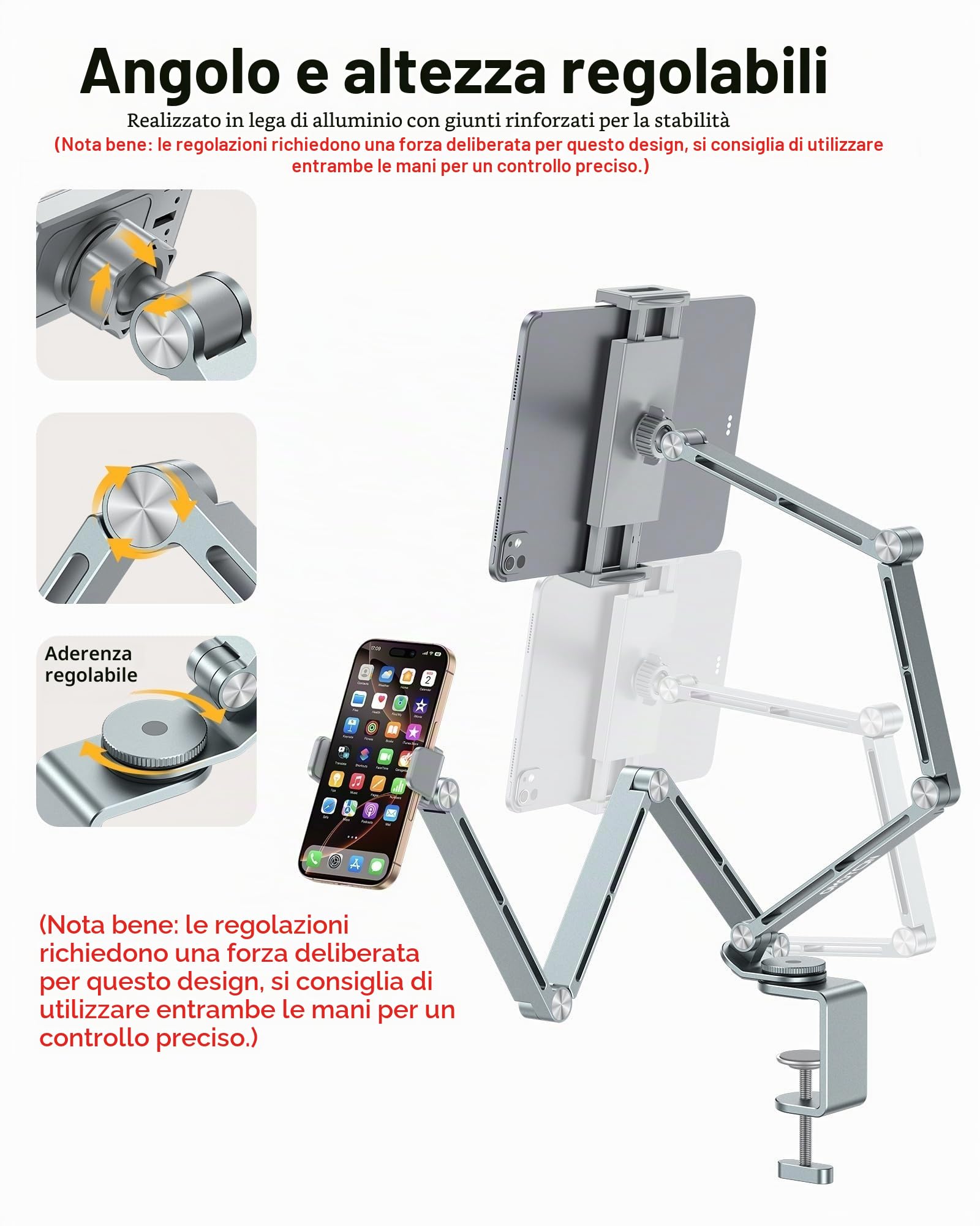 OMOTON Supporto per tablet in alluminio per scrivania, girevole a 360° per iPad, supporto regolabile per telefono da letto con braccio stabile, adatto per tutti gli iPhone/tablet fino a 12", Grigio