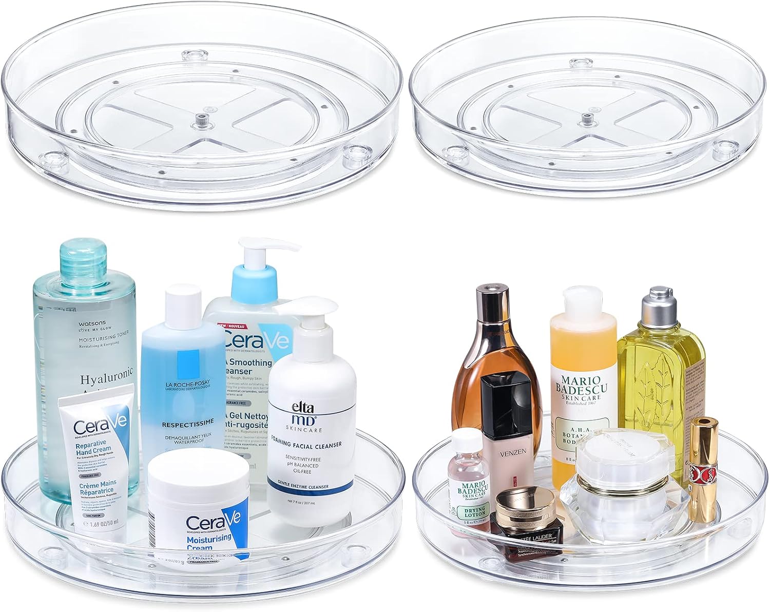 Set of 4, Clear Non-Skid Lazy Susan Organizers - Turntable Rack for Kitchen Cabinet, Pantry Organization and Storage, Fridge, Bathroom Vanity Countertop Makeup Organizing, 2 of 9 Inch & 2 of 10.5 Inch